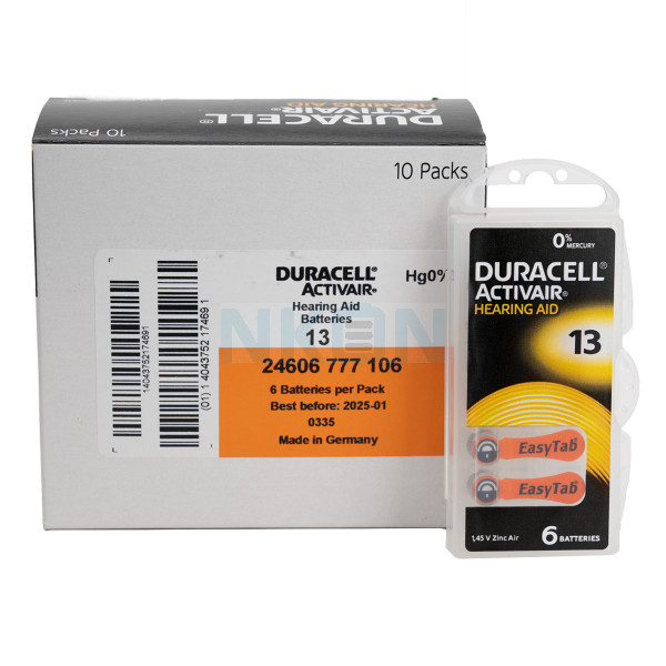 60x 13 Duracell Activair hearing aid batteries