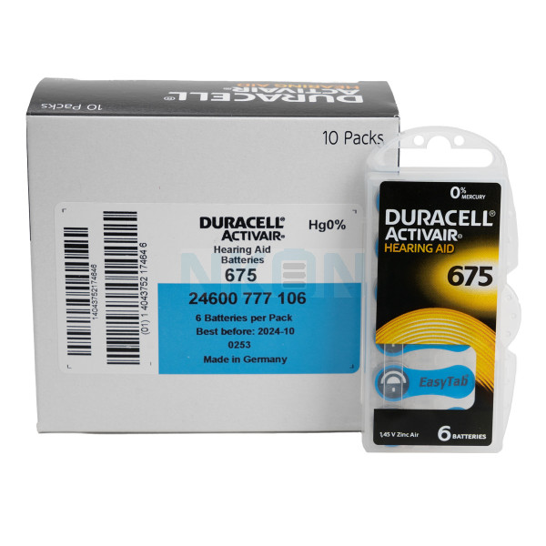 60x 675 Duracell Activair hearing aid batteries