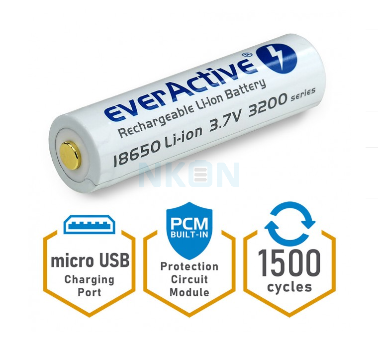 EverActive micro USB 18650 3200mAh (protected) - 7A - 18650 - Li-ion -  Rechargeable batteries